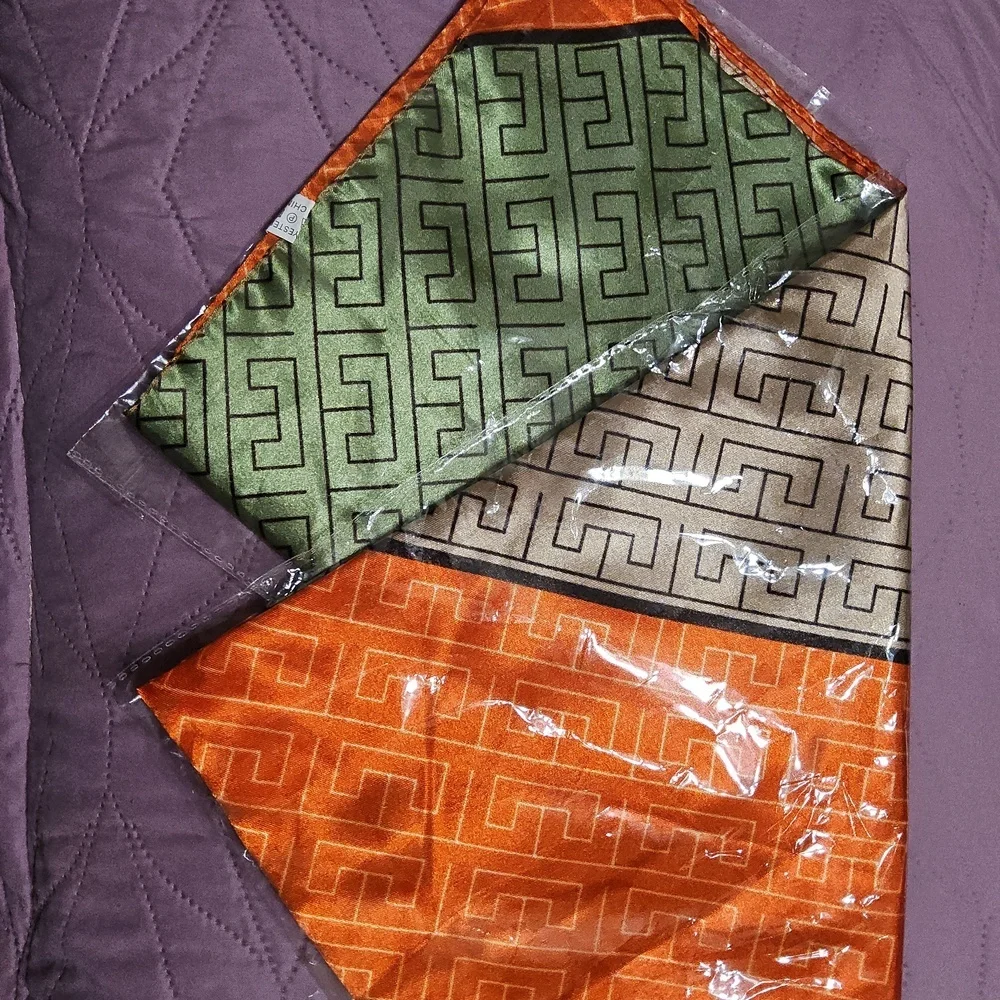 Orange and Green Geometric Silk Scarf Includes A Free Scarf Pin.